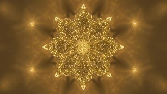 Pulsating central golden mandala after core shimmer, shifting on gold field with dots and filigree