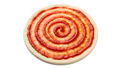 Uncooked pizza dough with spiral tomato sauce isolated on a transparent background spiral uncooked pizza