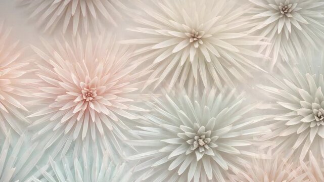 Panning camera revealing dense array of layered rosettes on gallery wall, showing texture and depth