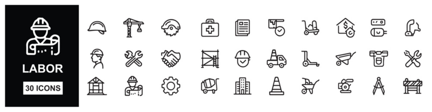labor icons set construction industry work tools equipment and safety protective gear professional elements
Labor icons set for construction industry, work tools, equipment, safety, protective gear, p