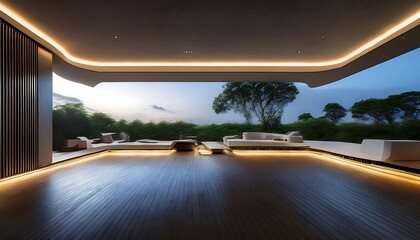 Fototapeta premium A futuristic minimalist living area with sleek forms and LED strips overlooks a serene landscape.