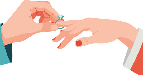 Two hands exchange a ring, symbolizing engagement and love. A clean, modern illustration with soft colors and a focus on the hands and ring. Perfect for wedding, relationship, or commitment themes.