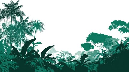 Green tropical jungle rainforest silhouette with exotic trees and plants, isolated on white background