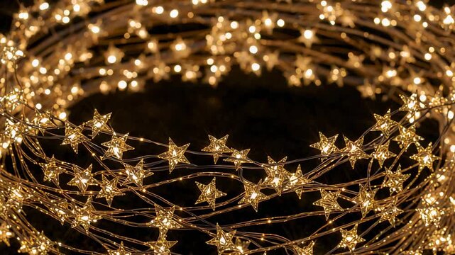 Zooming camera revealing coiled star-shaped string lights on dark surface, highlighting warm glow