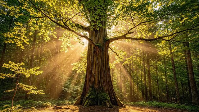 Exploring a Sunlit Forest Mature Tree in Deep Woods