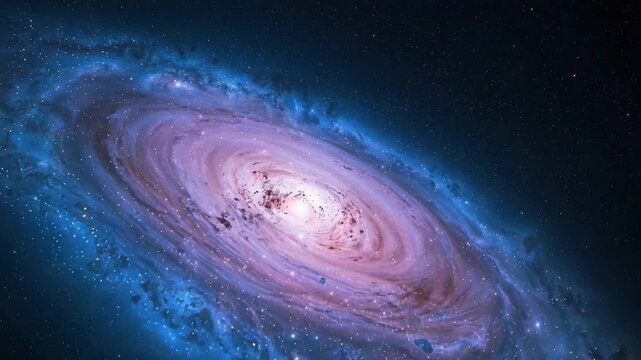 Rotating spiral galaxy showing core in space while camera zooming closer, exposing dust lanes, halo
