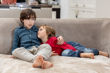 Two brothers relaxing on sofa at home