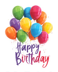 "Happy Birthday" card with colorful balloons, festive and cheerful design, playful celebratory style, isolated on white background.