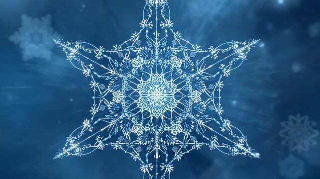 Pulsing six-pointed snowflake expanding in blue nebula, core pulse revealing filigree with sparkles