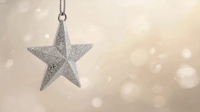 Swinging from breeze, silver star ornament rotating, settling in studio with cord, ring, copy space