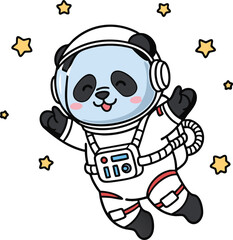 Naklejka premium Cute panda astronaut floating in space with stars, happy panda bear wearing spacesuit cartoon character vector illustration, friendly animal cosmonaut mascot for kids design.