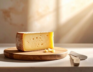 Refined cheese wedge resting in serene minimal space as soft shadows accentuate rich textures and gentle color shaped by warm illumination
