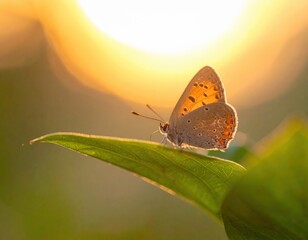 Bright butterfly perched delicately on a leaf with shimmering wings surrounded by soft light creating a moment of fragile serene beauty