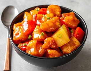 Radiant sweet and sour chicken shimmering under warm highlights as rich sauce coats each piece with vivid appetizing depth and glow