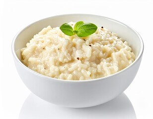 Creamy risotto resting warmly in a clean minimalist bowl with gentle highlights reflecting across the smooth surface and soft garnish adding balance