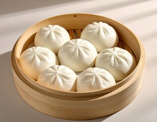 Soft steamed buns arranged neatly in warm diffused lighting with smooth surfaces catching gentle highlights and calm shadows resting underneath