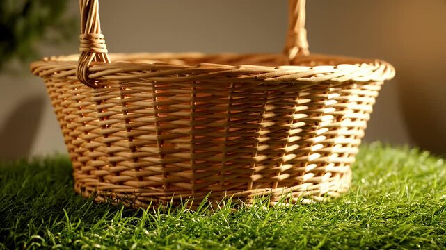 Close Up of an Empty Wicker Basket Sitting on Vibrant Green Grass with Soft Sunlight