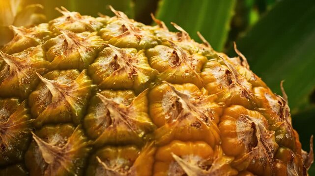 Close-up of a ripe pineapple fruit with green leaves in background