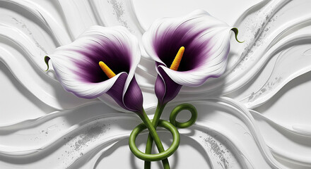 Purple and white calla lilies with textured 3D fluid plaster background 3D Wall Mural. floral landscapes. 3d floral art, floral wallpaper, Luxurious textile tile wall art