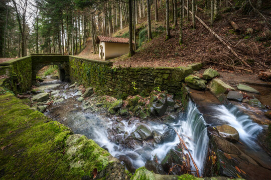 Stream, Small Waterfall and Chapel in Vallombrosa Forest, Tuscany