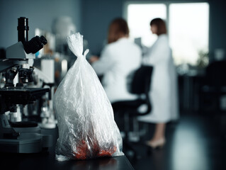 Clear plastic evidence bag with organic sample on laboratory bench, researchers working in background