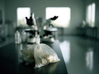 Clear plastic bag with biological sample on laboratory bench evoking clinical tension and sterile atmosphere