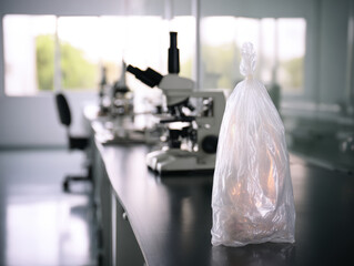 Clear laboratory plastic bag with specimen inside on counter in microscope room, clinical atmosphere and soft light