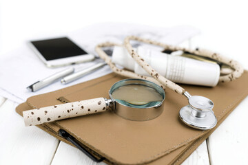 Magnifying glass stethoscope clipboard medical instrument smartphone pen prescription bottle desk magnifying glass clipboard with stethoscope