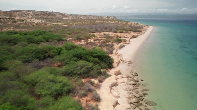 Aerial view of serene Playa Araya beach, La Paria, with lush landscape