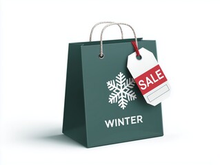 Shopping or gift bag with snowflake icon on it and sale tag, winter sale