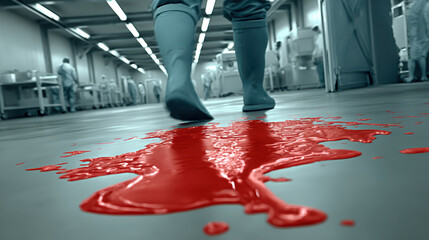 Blue rubber boots walking through red liquid spill in sterile food factory corridor, uneasy industrial scene with workers in white coats