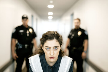 Worried woman in vintage dress looks directly at camera while two police officers stand behind her in bright corridor, tense dramatic mood