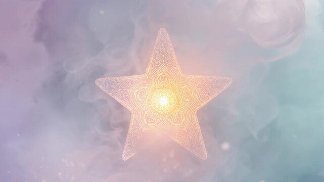 Pulsing five-point star with lacework warming core causing specks drifting over pastel nebula orb