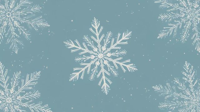 Loop starting central snowflake rotating on teal for loop, corner flakes shifting, flecks drifting