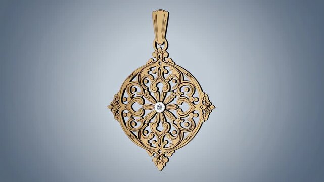 Starting rig spinning ornate gold pendant in studio, revealing front and side for display with gem