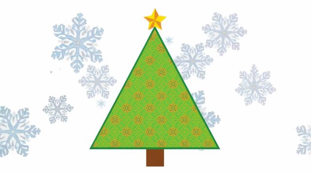 Starting Xmas tree staying centered, snowflakes drifting across canvas, star trunk as holiday decor