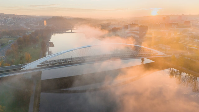 Troja Bridge in Prague. The new and modern Troja Bridge over the Vltava River in Hole&scaron;ovice, Prague, Czech Republic. A bridge for cars and trams in the center of historic Prague.
