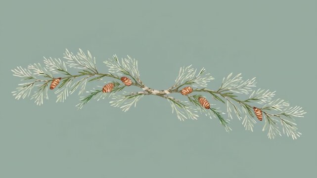 Motion starting tilting pine branch rotating showing underside on teal with needles and pinecones