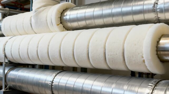 Closeup medium view of foam insulation being wrapped tightly around steam piping showcasing smooth finish and energysaving benefits.