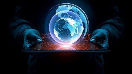 Glowing digital globe hovering above tablet held by human hands showcasing global technology connectivity data and modern innovation - Powered by Adobe