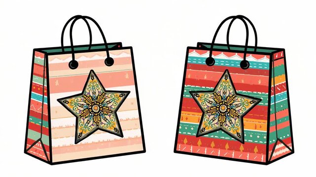 Starting star mandala animation, stars on two striped bags glowing in white studio, black handles