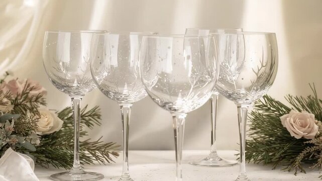 Zooming camera bringing five stemmed wine glasses closer on tabletop, highlighting etched motifs