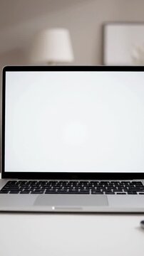 A laptop with a blank screen on a white desk, with a phone and soft background