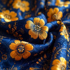 Glistening deep blue batik fabric with intricate golden floral and geometric patterns draped elegantly