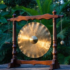 Ornate ceremonial bronze gong with intricate carvings, displayed on a wooden stand amidst lush natural foliage