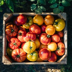 Overflowing wooden basket of brightly colored heirloom tomatoes freshly harvested from a garden during summer