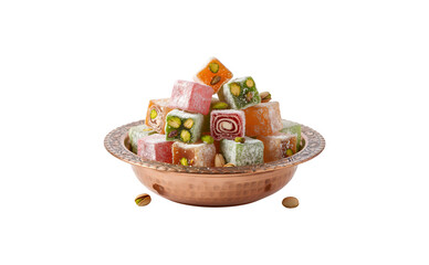 A selection of Turkish delight in a classic copper bowl set against a white background

