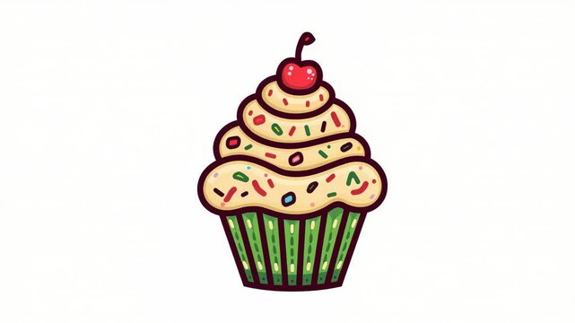 Looping stylized cupcake pulsing on white backdrop for display, green wrapper, sprinkles, cherry