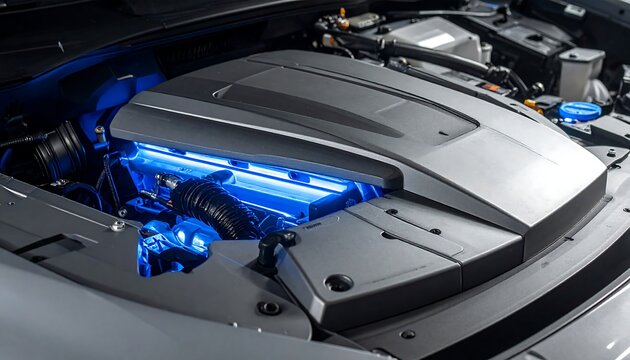 Car engine compartment detail, featuring an illuminated grey cover with hoses and technical elements