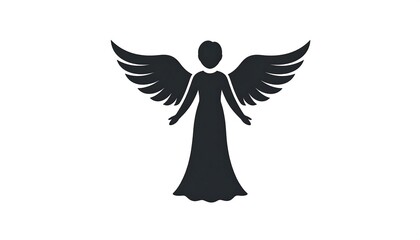 Stylized dark angel figure, wings outstretched, gown flowing downward, on a clean white background